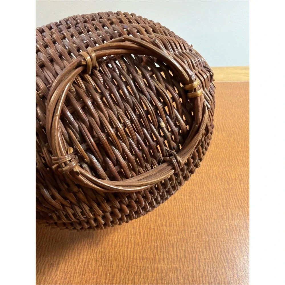 Vtg Woven Wooden Gathering Basket Arched Handle 7